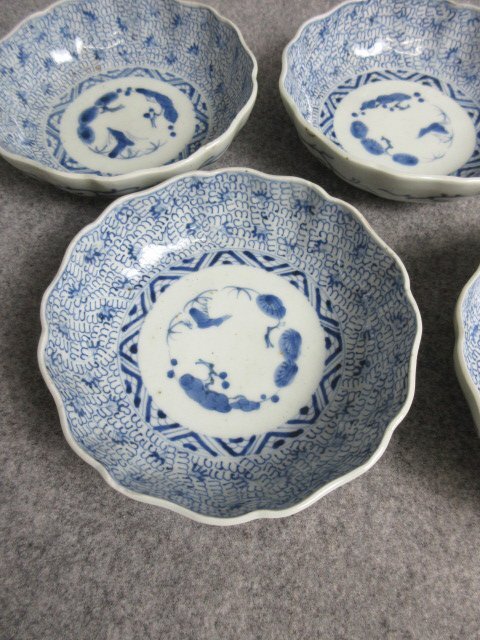 古伊万里 染付 竹笹に梅図 中皿 5枚 [B28150] 高さ3cm 直径18.5cm 6寸