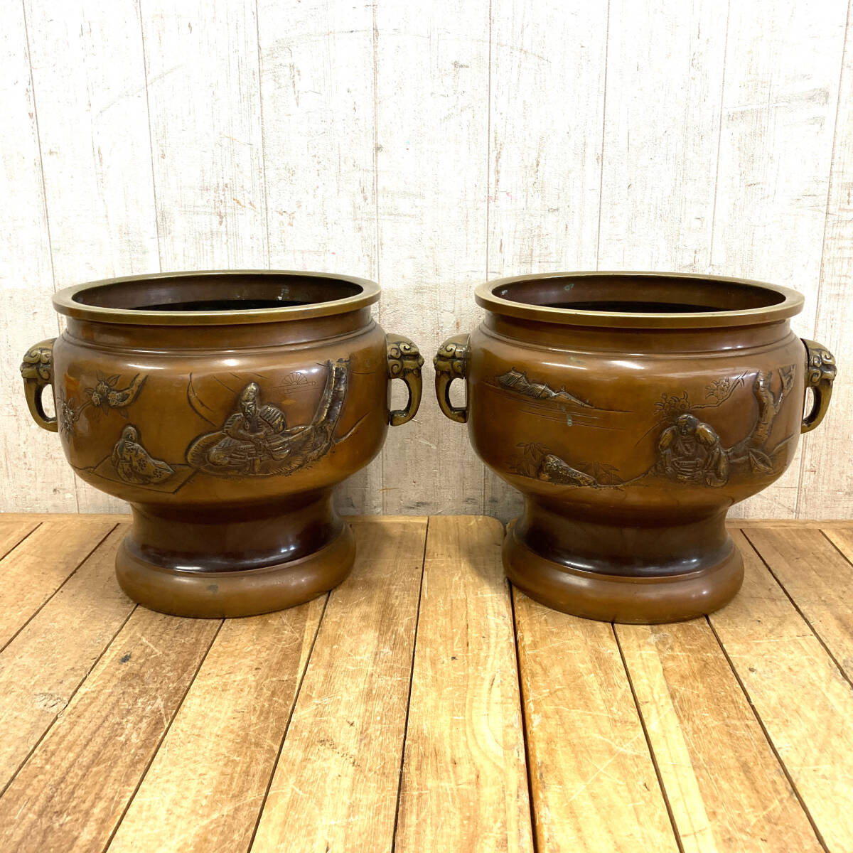 古銅 時代物 梅銀象嵌 瓶掛 大火鉢 古銅 時代物 梅銀象嵌 瓶掛