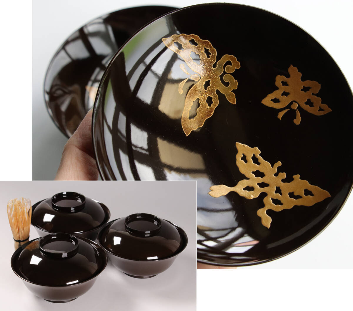 漆器 輪島塗 沈金松鶴 金蒔絵 木製 蓋付椀 お煮物椀 吸物椀 5客 骨董