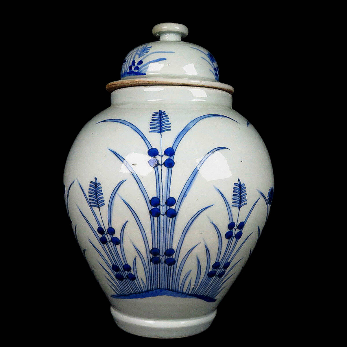 古伊万里、染付、山水、雁の群、白磁蓋付き壺。サービス箱。 販売 古