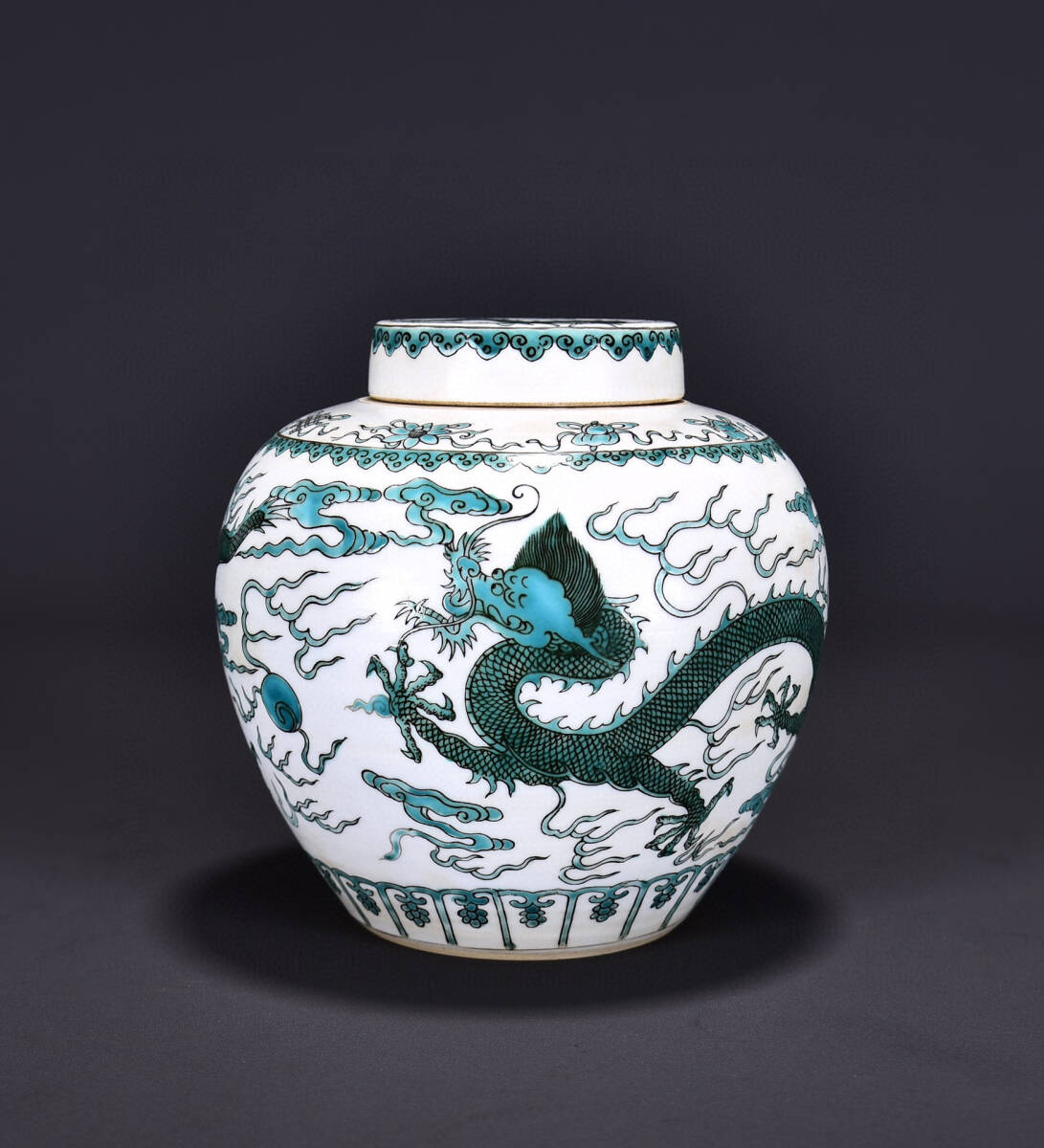 清・道光年製・古陶瓷品・官窯・綠彩・龍紋・蓋罐』極細