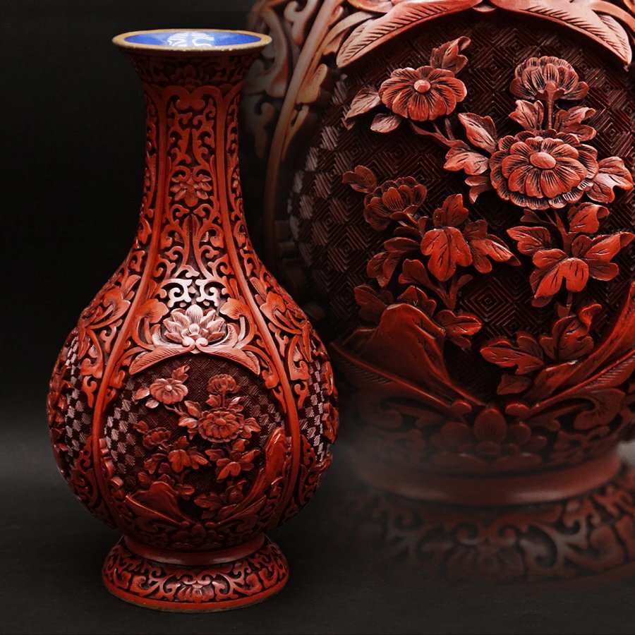 中国美術工芸品 赤漆 彫刻壺 （花瓶） 4355W3)*中国美術工芸品 骨董品