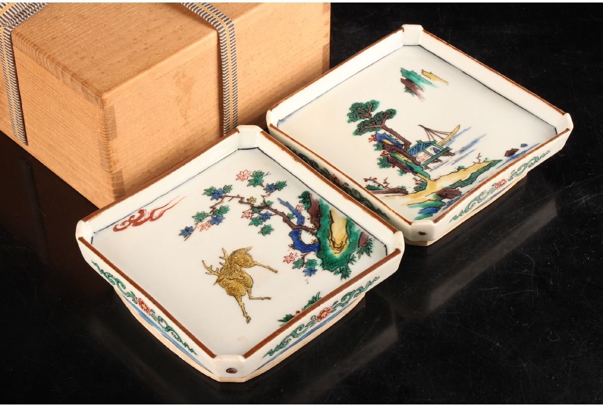 九谷焼 古九谷 角福銘 色絵花草文 四方皿 時代箱 C 9248 九谷焼 古九谷