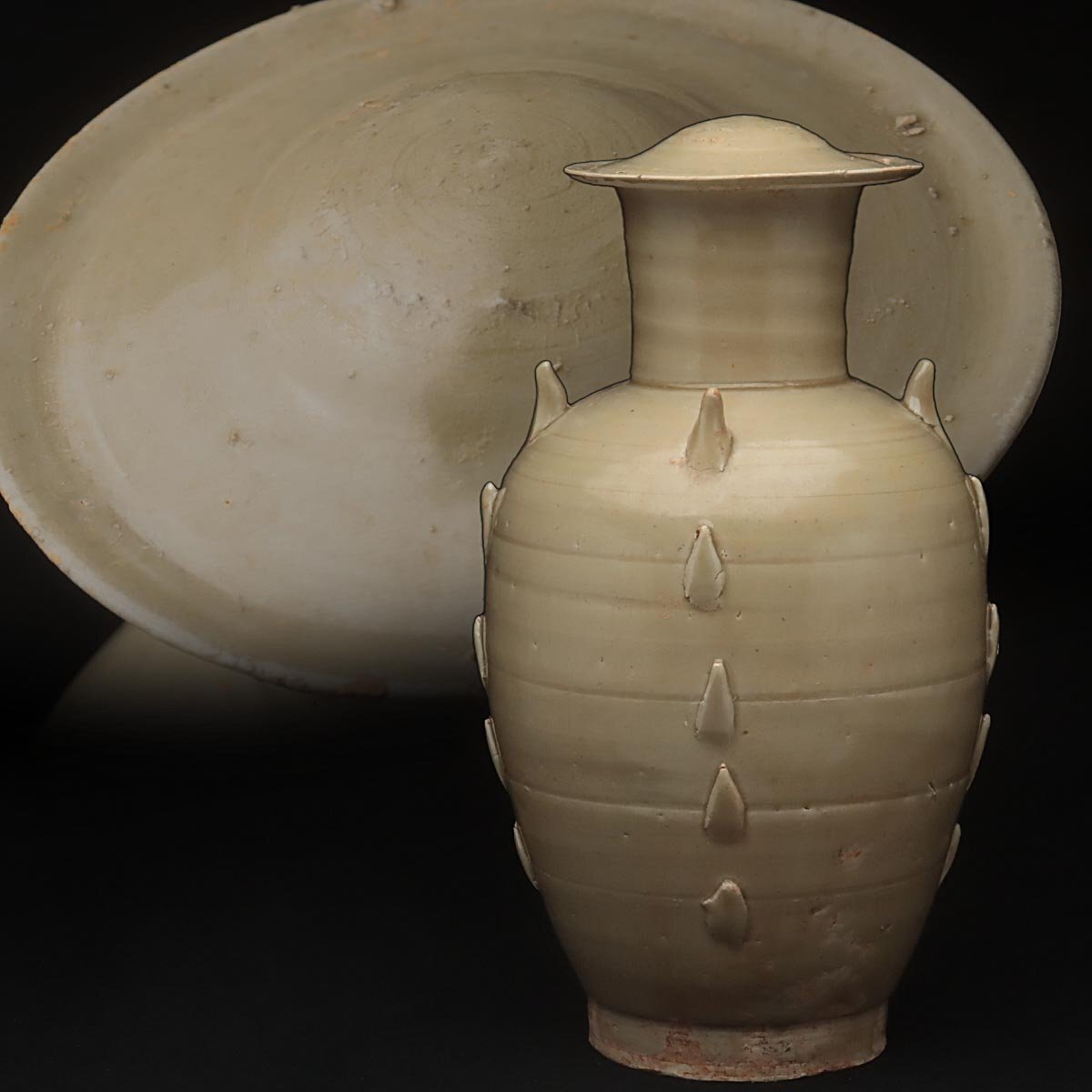 龍鳳凰文青磁釉高肉瓶 】 唐～宋代 中華古玩 龍鳳凰文青磁