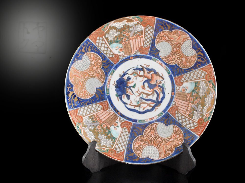 古伊万里 大皿 色絵三方松鶴図大皿 太明成化年製 裏鳳凰と桐花図 古