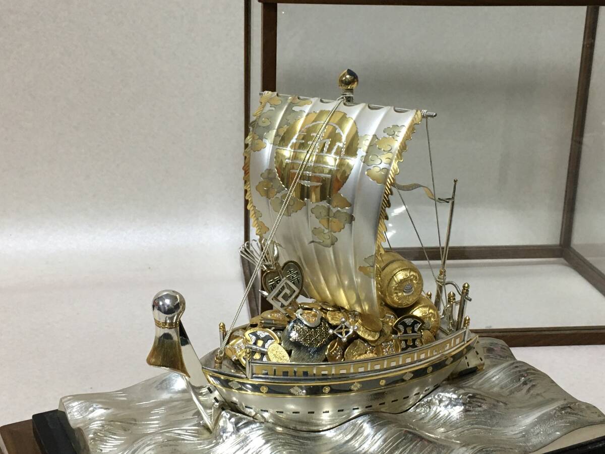 銀製 刻印 宝船 総重量 約2760g 置物 ガラスケース付 銀製 刻印 宝船