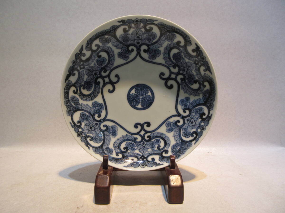 鍋島焼 藍鍋島 染付菊花文 五寸皿 時代箱 V R8086 鍋島