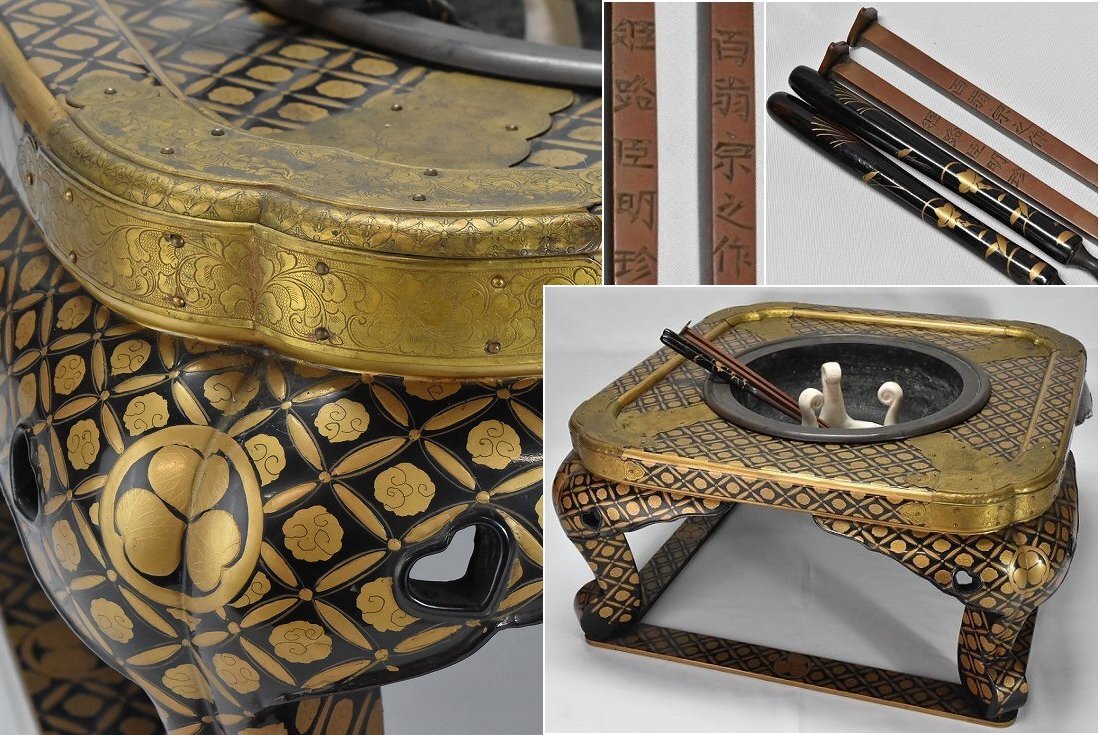 骨董 大名火鉢 火鉢 漆 漆器 金彩 猫脚 銅器 希少品 美品 木箱 火鉢