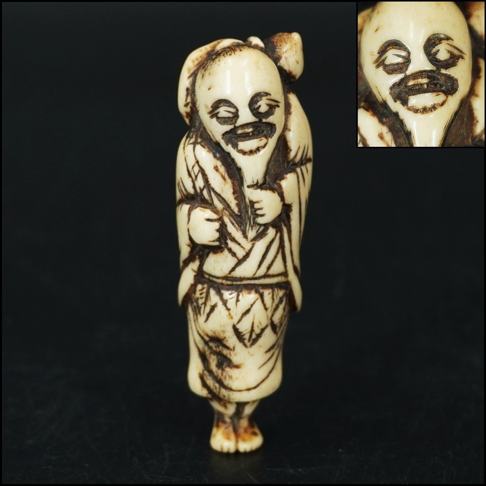 犬 時代提物 根付 銘有り アンティーク 印籠 犬の親子 時代提物 根付