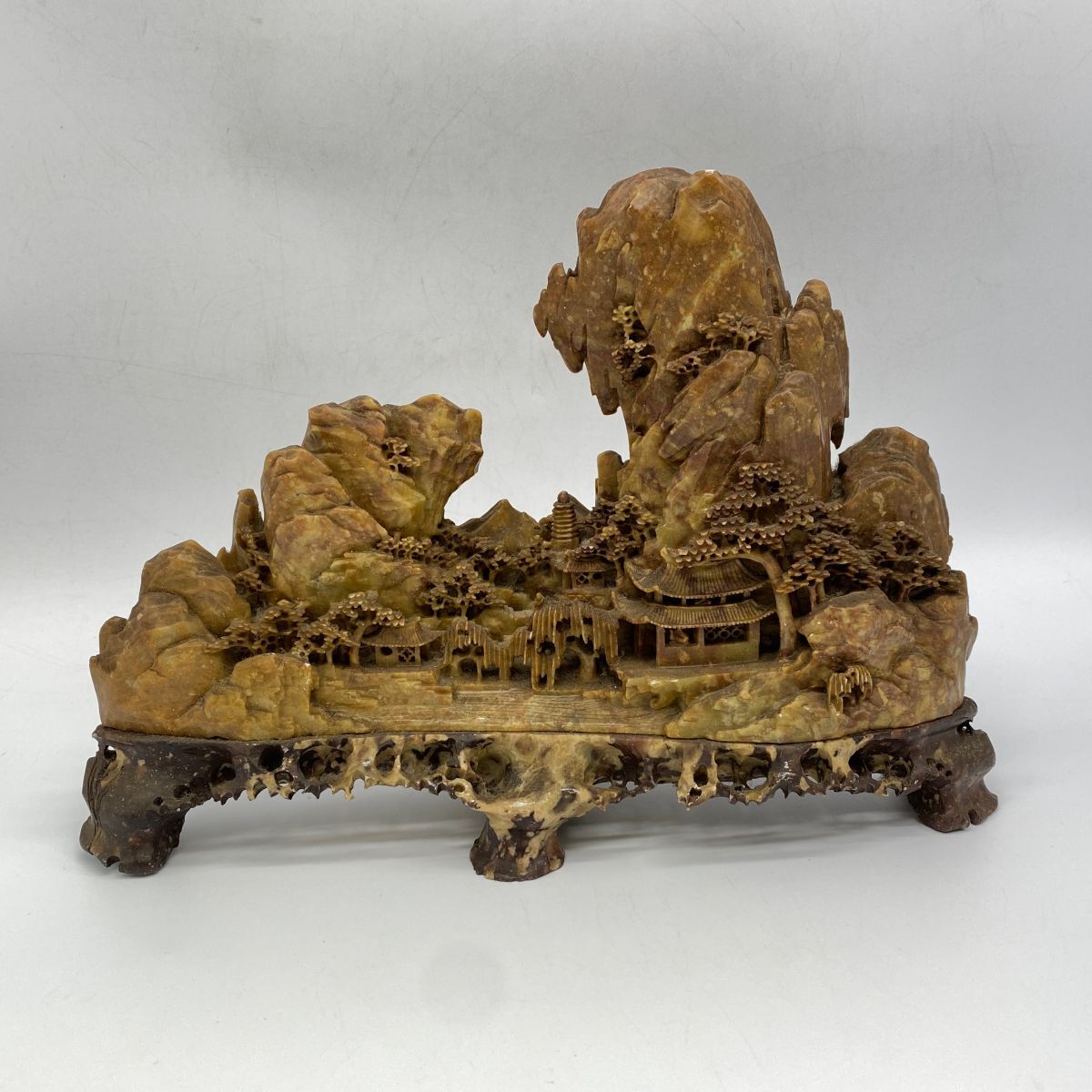 玉石蝋石青田石 楼閣山水雕 中国 床飾 置物 V201 【公式通販】