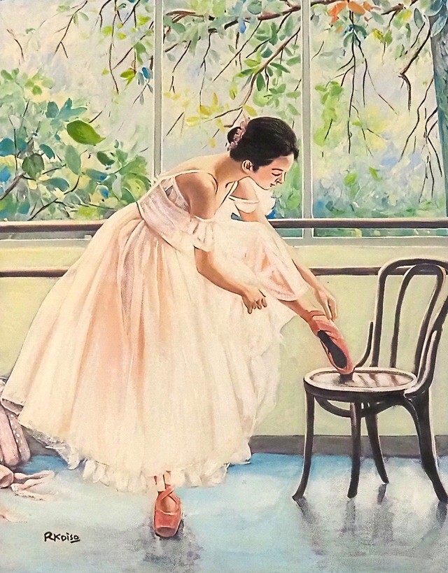 小磯良平 油彩 肉筆『バレリーナの休息』表と裏サイン 鑑定 P8 額無 b379