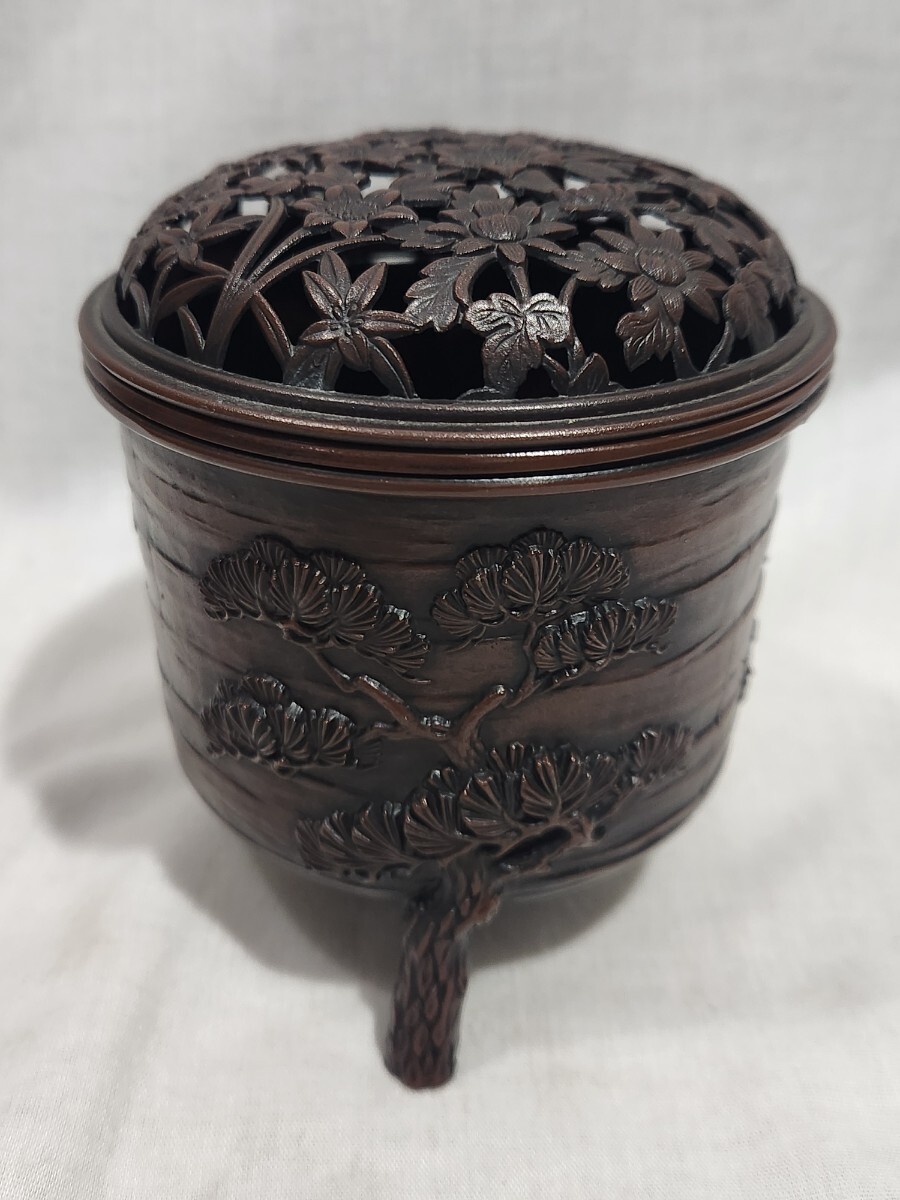 銅製 精山在銘 松竹梅 香炉 三足 香道具 茶道具 精山造 アンティーク