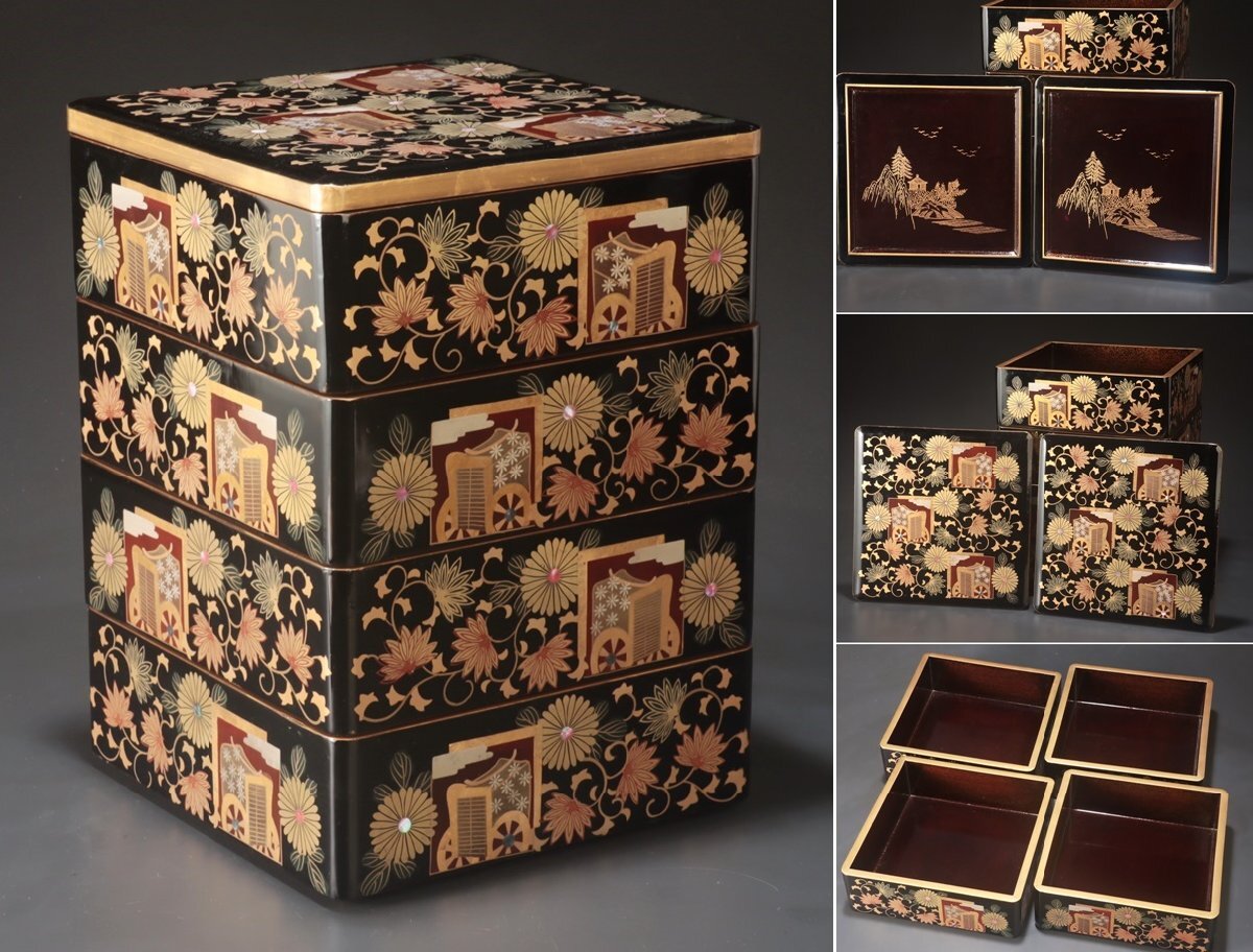 江戸明治時代 鶴松梅蒔絵重香合小箱 梨地 漆器 EM19-9