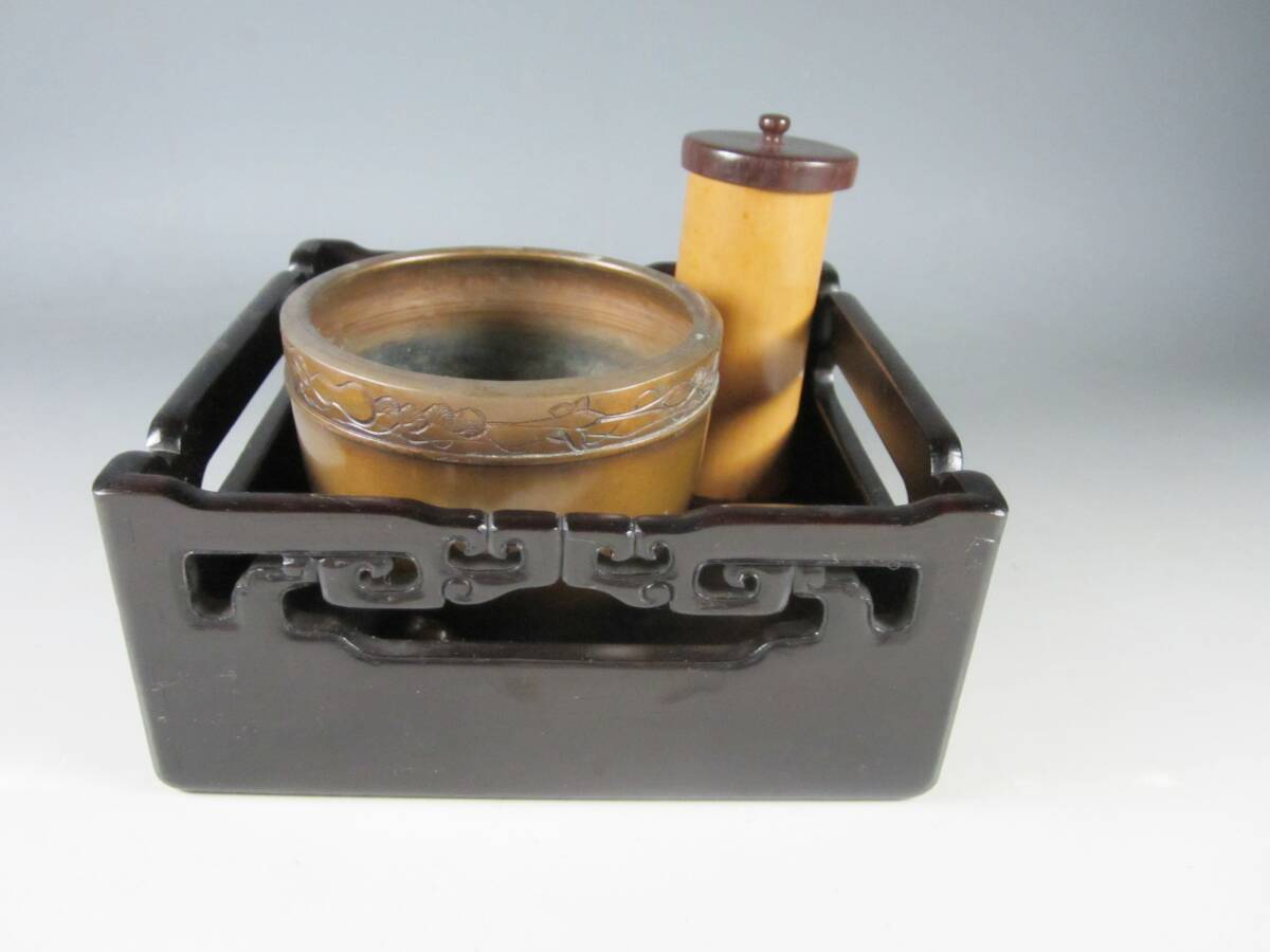 290180]時代 唐木 手付煙草盆◇莨盆/紫檀/黒檀/花梨/喫煙具/たばこ/古