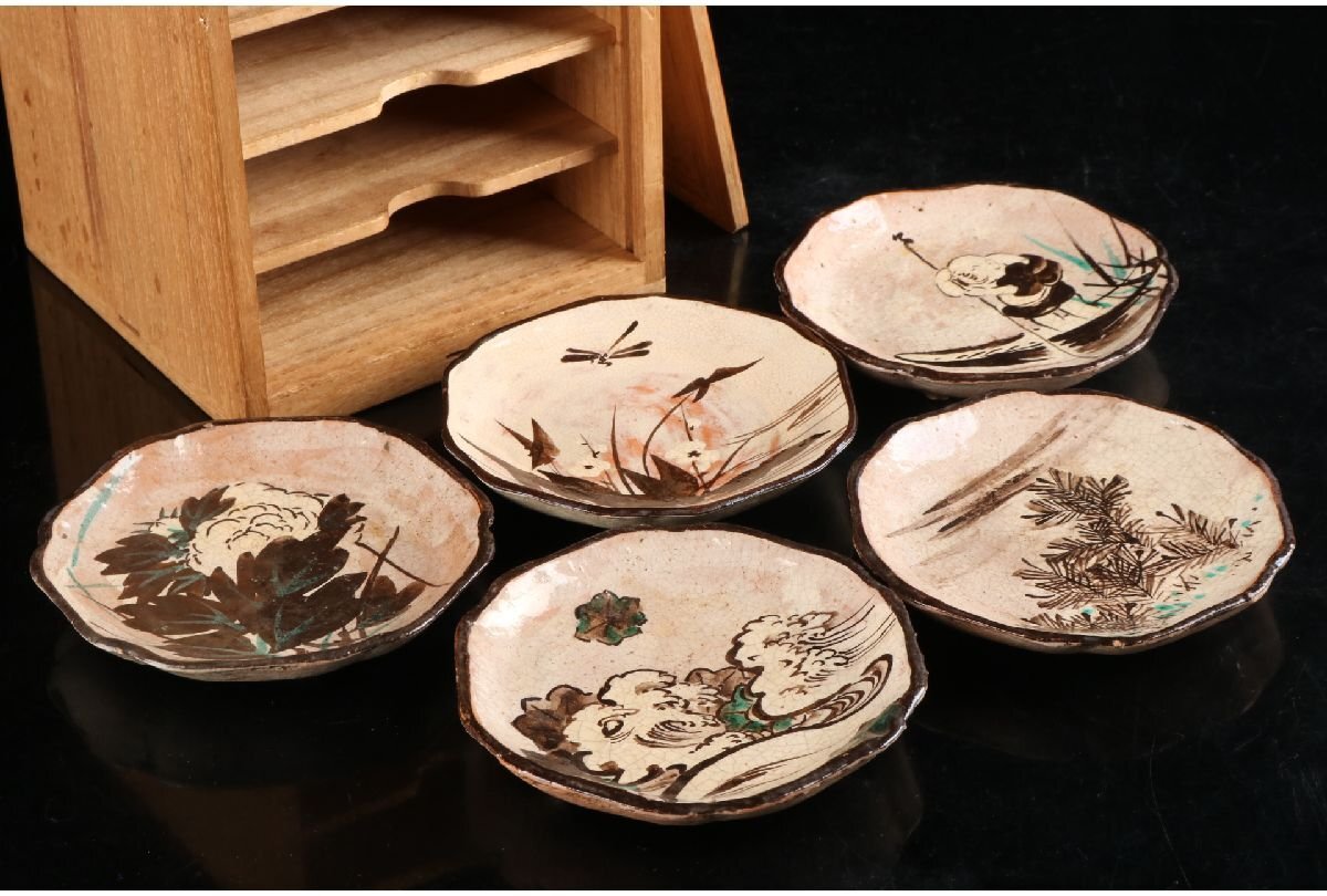 尾形乾山 貝形 皿 箱付 五客 稀少 尾形乾山 貝形 皿 箱