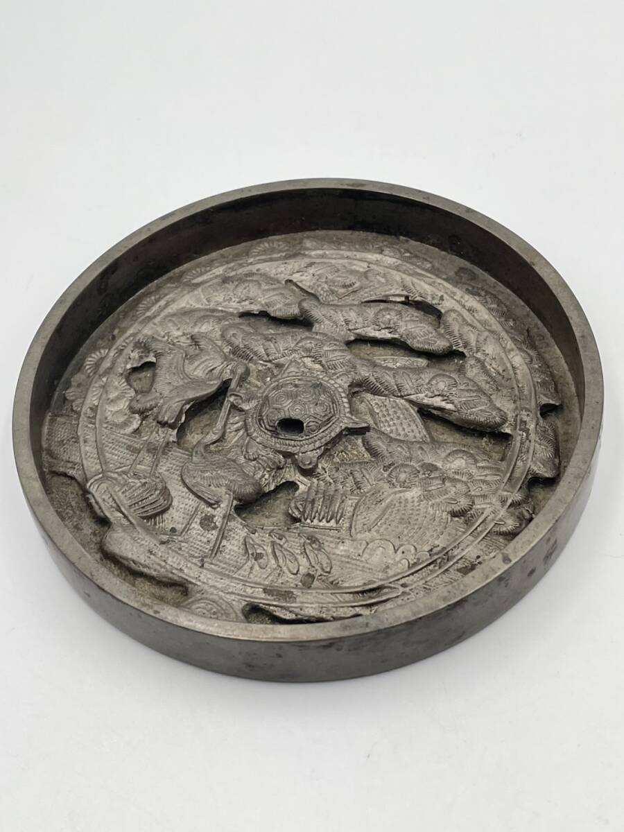 江戸時代 金工細工『鶴亀松文』天下一 古銅鏡 和鏡 古鏡☆