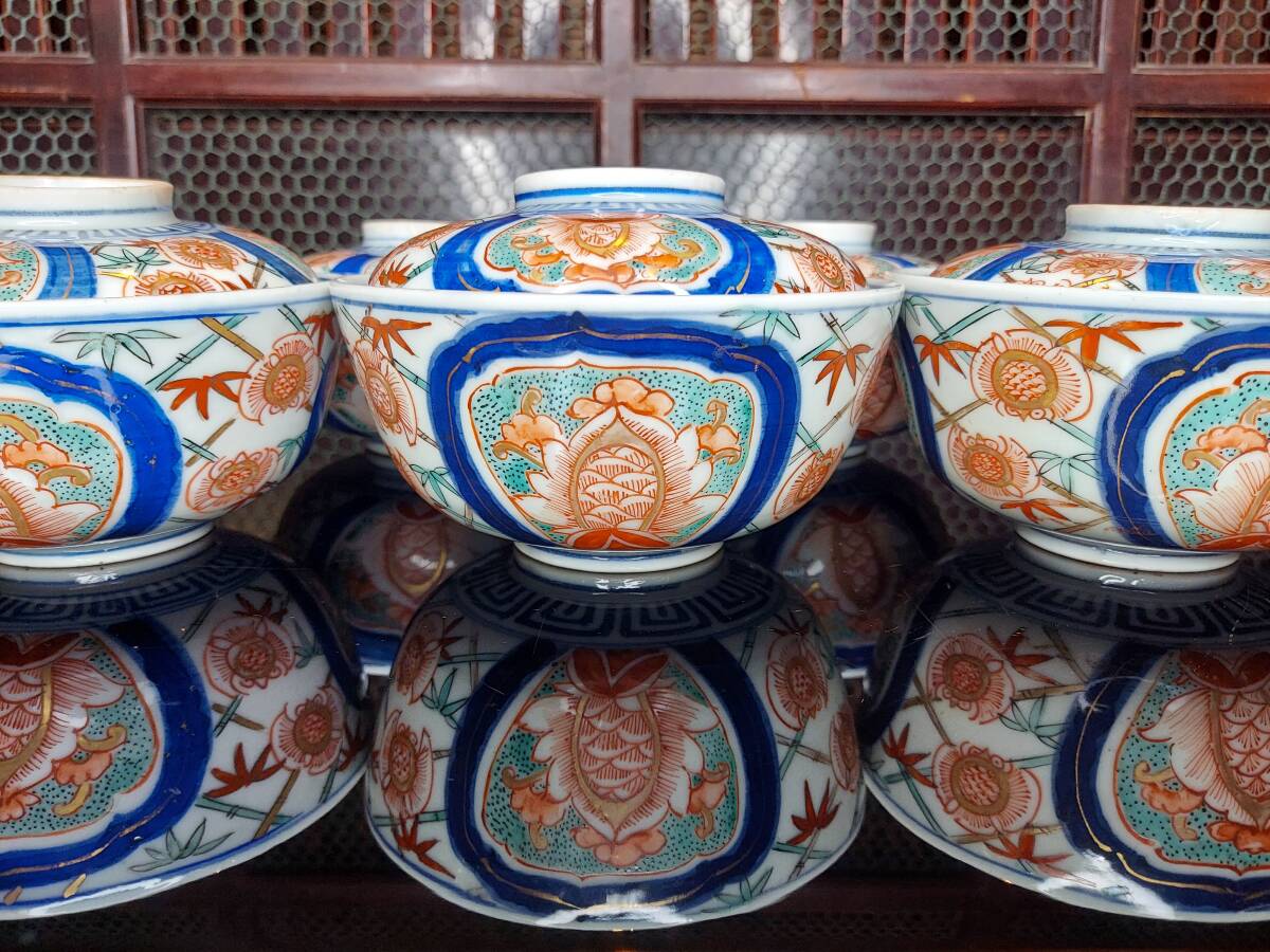 ○ 江戸後期 富貴長春 古伊万里 色絵錦出金彩 唐草 蓋茶碗 五客組 蓋椀