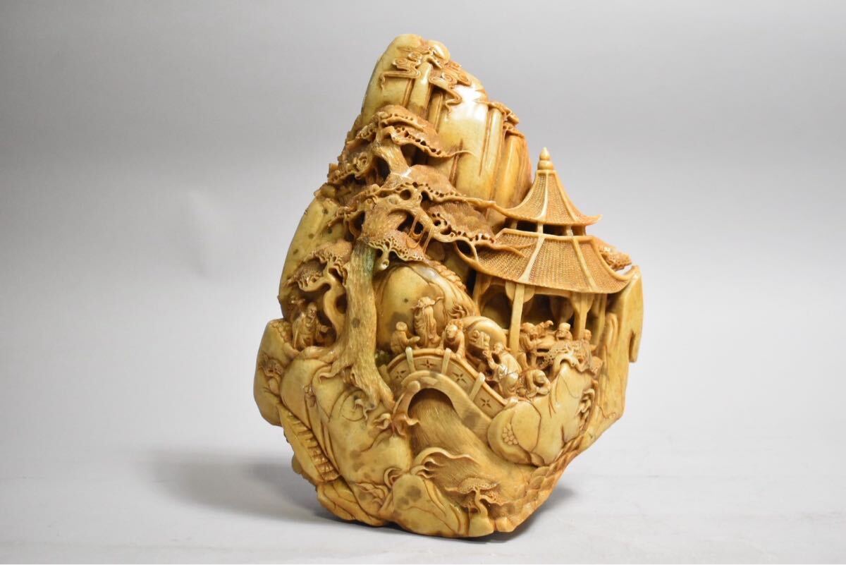 緑屋□i9*c 中国古玩 寿山石 彫刻 山水楼閣 置物 細密彫刻 重量