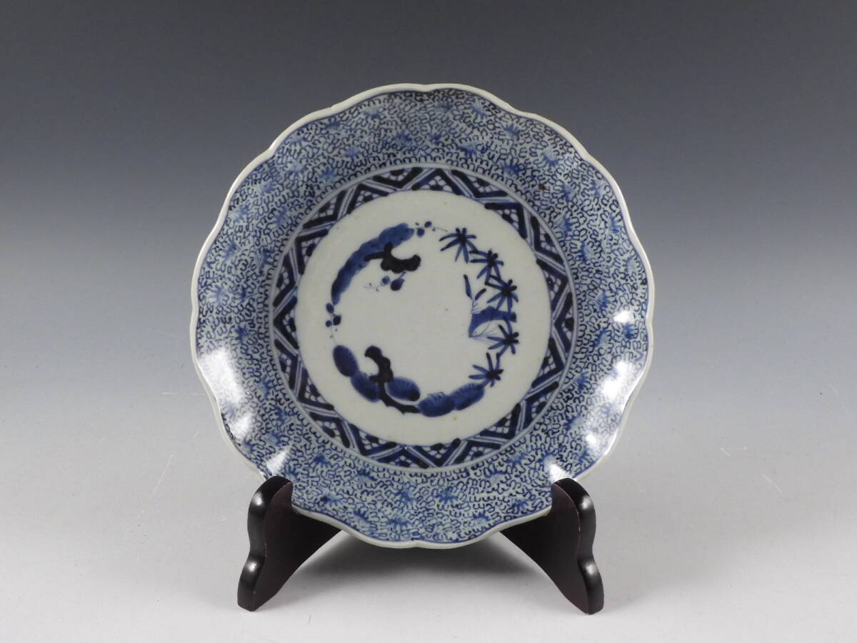 母』 古伊万里 染付 印判 みじん唐草 尺4寸 大皿 （708D②） 母』 古伊万里