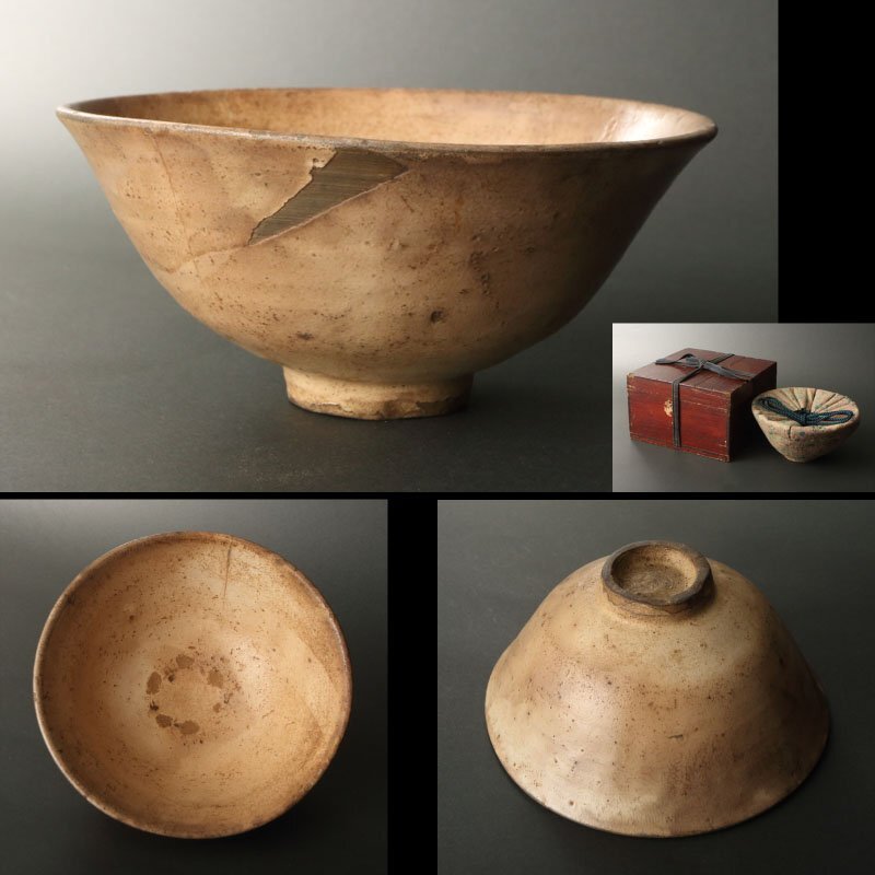 茶碗□お茶の先生所蔵品 平茶碗 李朝茶碗 白磁粉引 雨漏り手 時代物