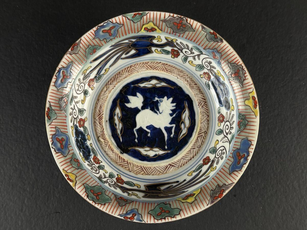 骨董 アンティーク 古伊万里 色絵 麒麟図 木瓜形 変形皿 向付 膾皿 3