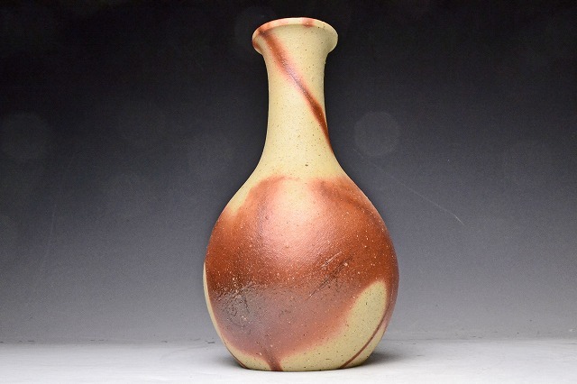 松田華山 ☆ 備前緋襷鶴首花入 ☆ 共箱共布栞 ☆ 茶