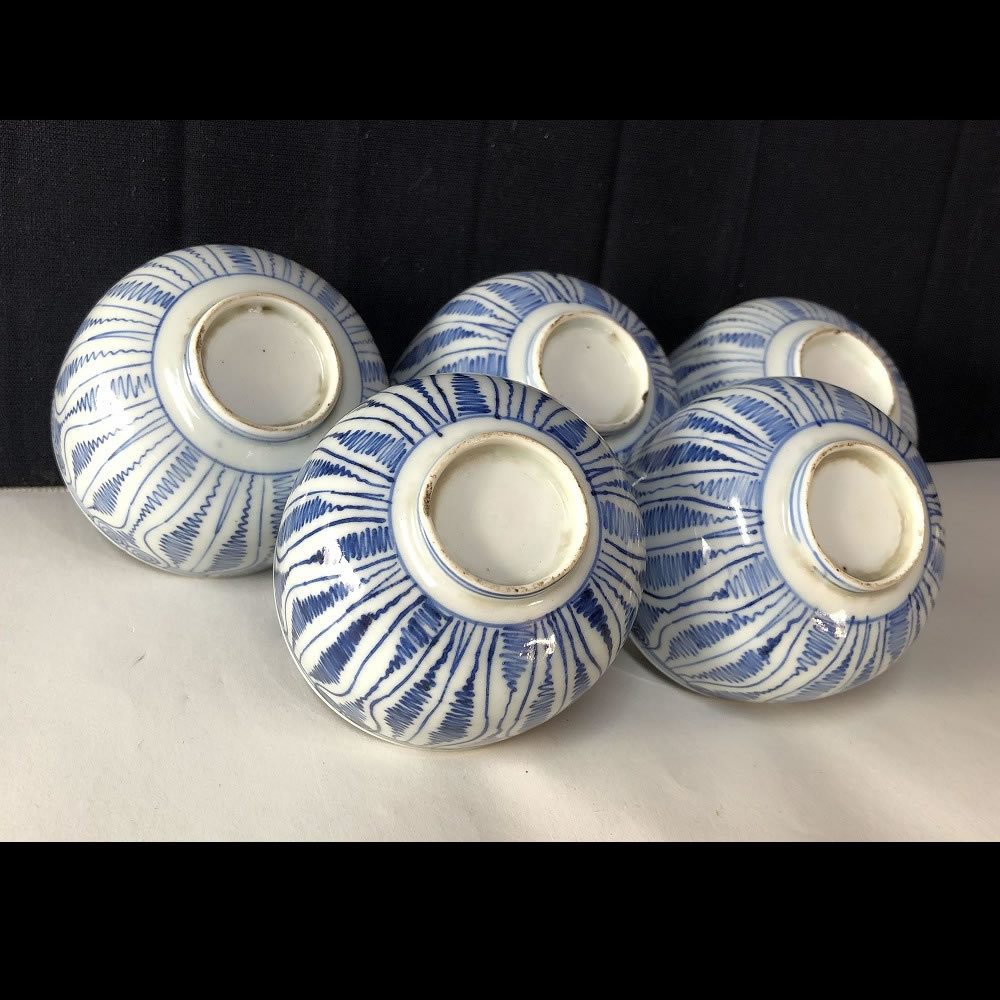 ○e154 古伊万里 染付 よろけ紋 ころ茶碗 5客 りん茶碗 リン茶碗