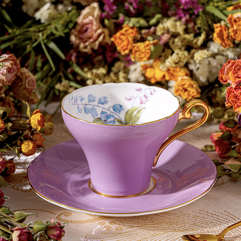 Colored Glaze Lily of the Valley Corset Tea Cup and Saucer-Purple