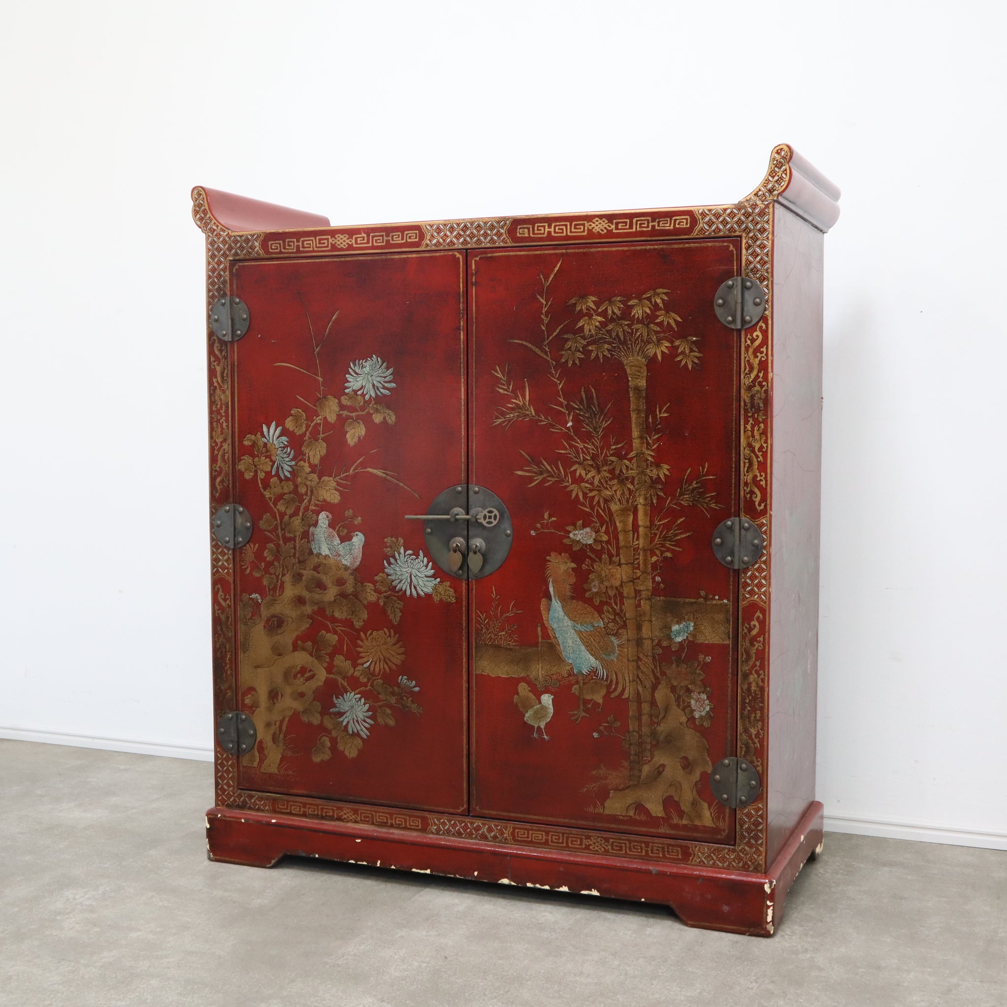 中国家具 朱漆塗 宮廷人物画 花鳥図 キャビネット コンソール 箪笥