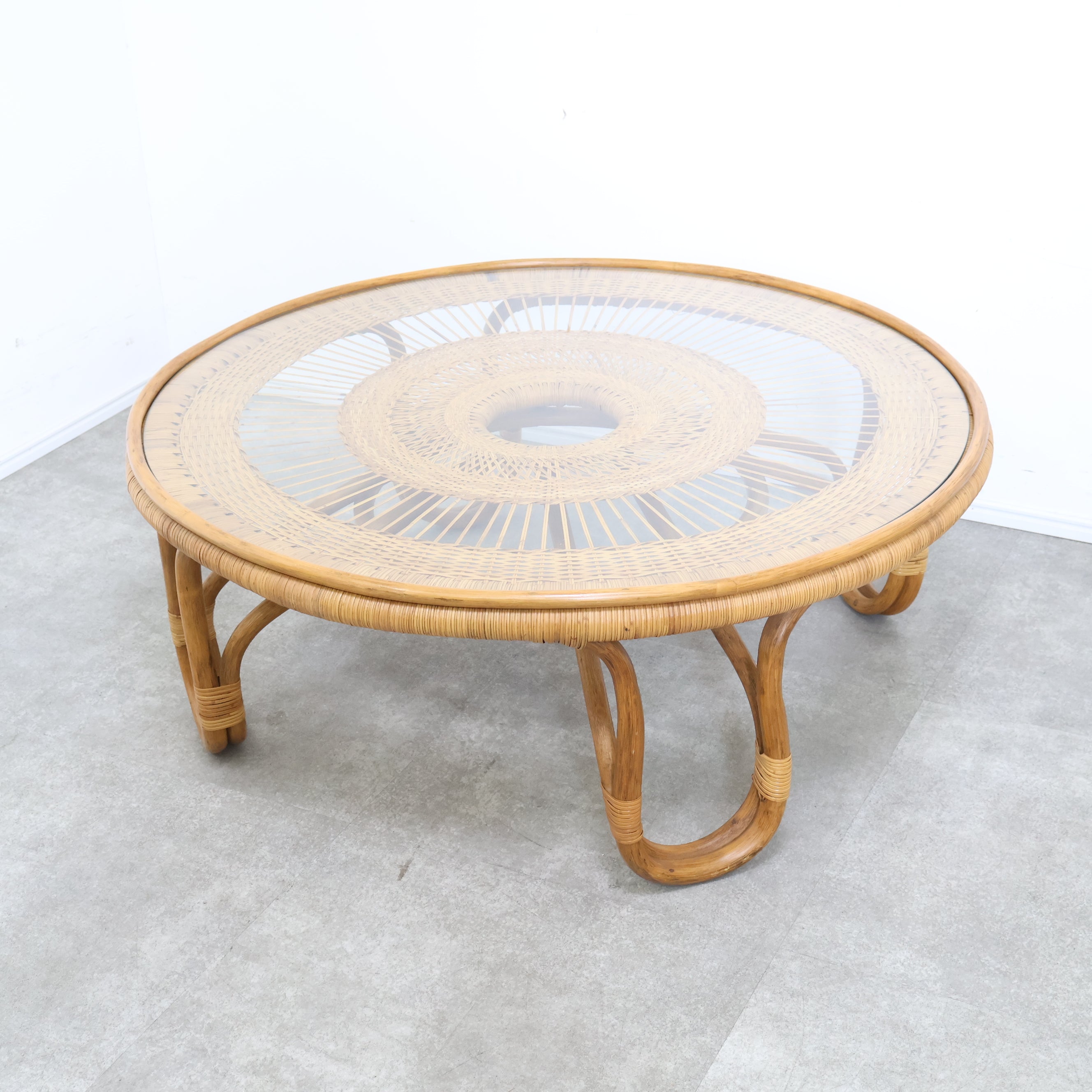 ヴィンテージ ラタン ガラス ラウンド テーブル 籐 モダン 昭和レトロ
