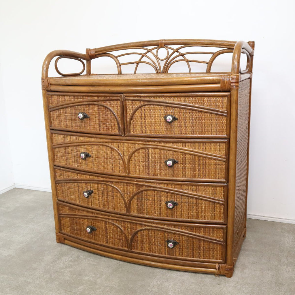 籐家具 ラタン 5段 チェスト 昭和レトロ タンス 収納棚 ナチュラル 籐
