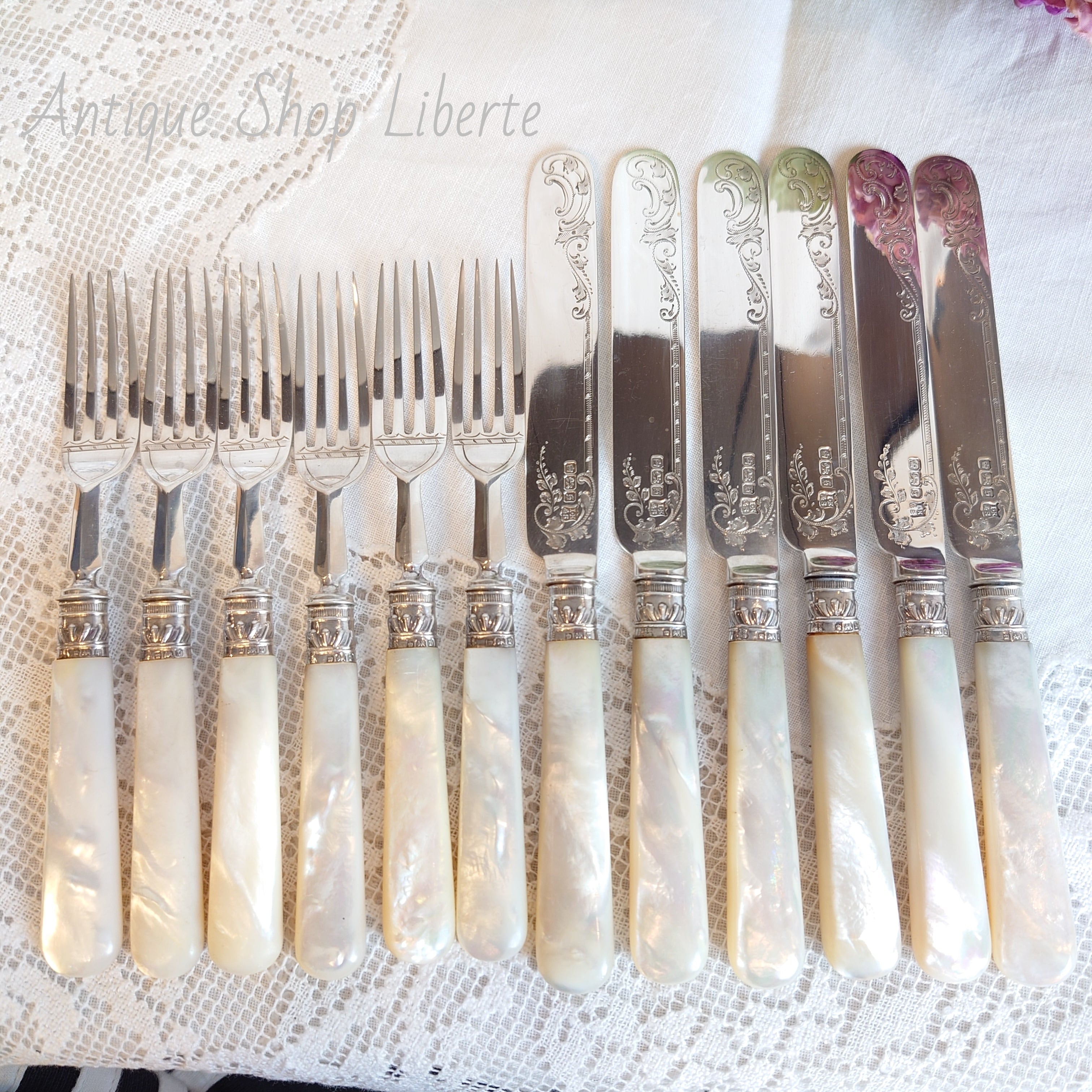 英国】【白蝶貝】デザートセットナイフ/フォーク 12本 木製装飾ケース