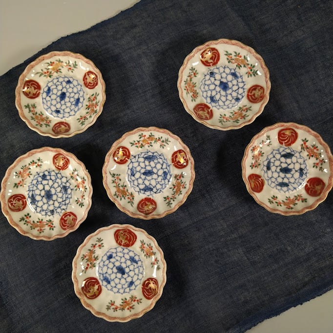 古伊万里 木瓜形 向付 2枚セット 古伊万里 金襴手 烏帽子に紅葉