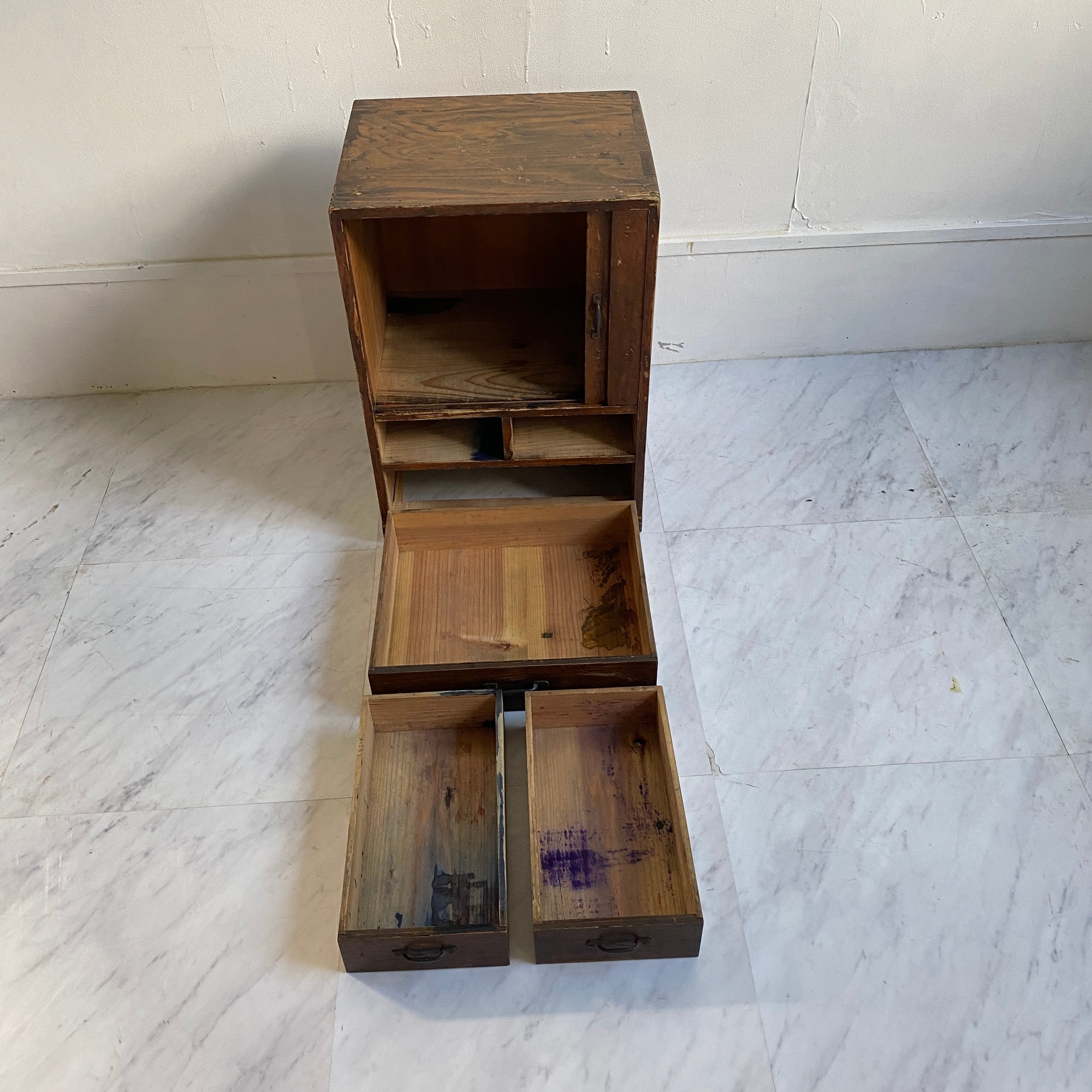 希少 アンティーク 蛇腹扉の小振りの棚 小引き出し 古道具 骨董品