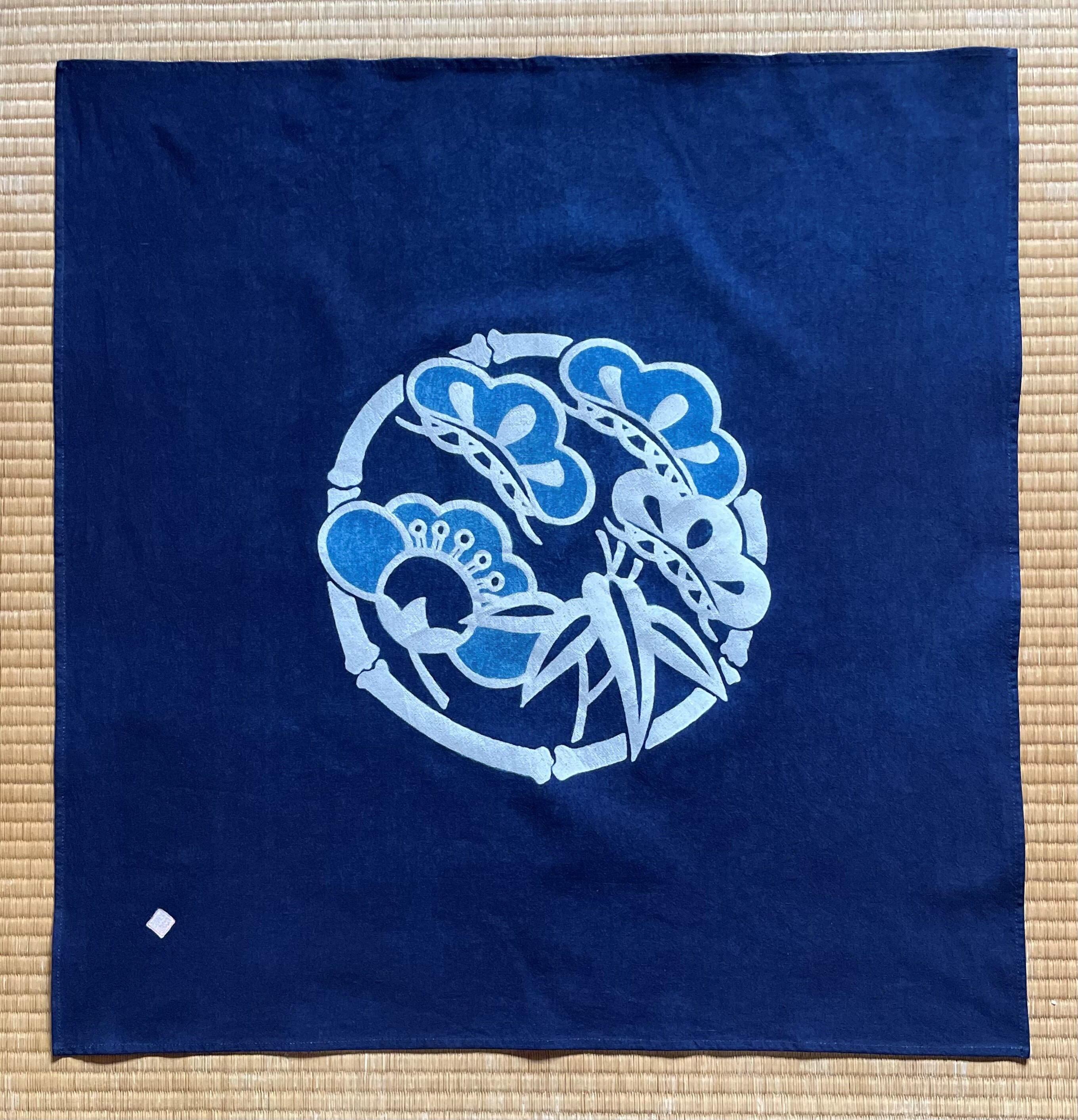 古布両面染め型染藍染蝶々竹に雀撫子菊