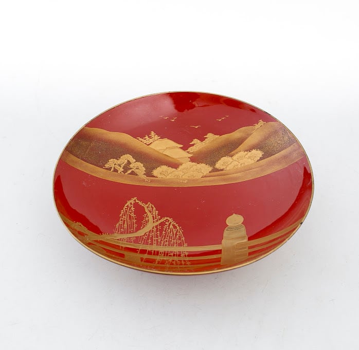 時代年代物 木製朱塗 盃台 盃 七客 楼閣山水 瑞鶴図