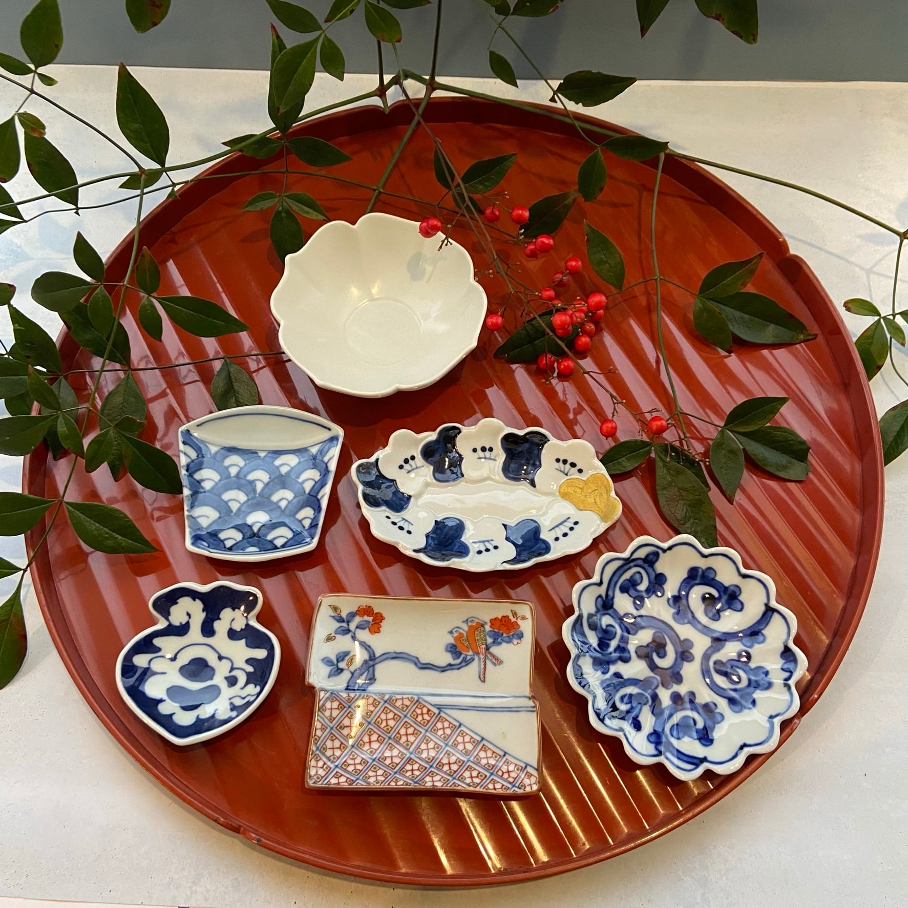 九谷 角福 赤絵 桃紋 豆皿 小皿 10枚 MO70718 九谷 角福 赤絵 桃紋