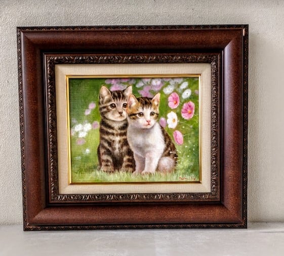 絵画額付 ( 白 ) 油絵 F4-072119子犬子猫と女の子