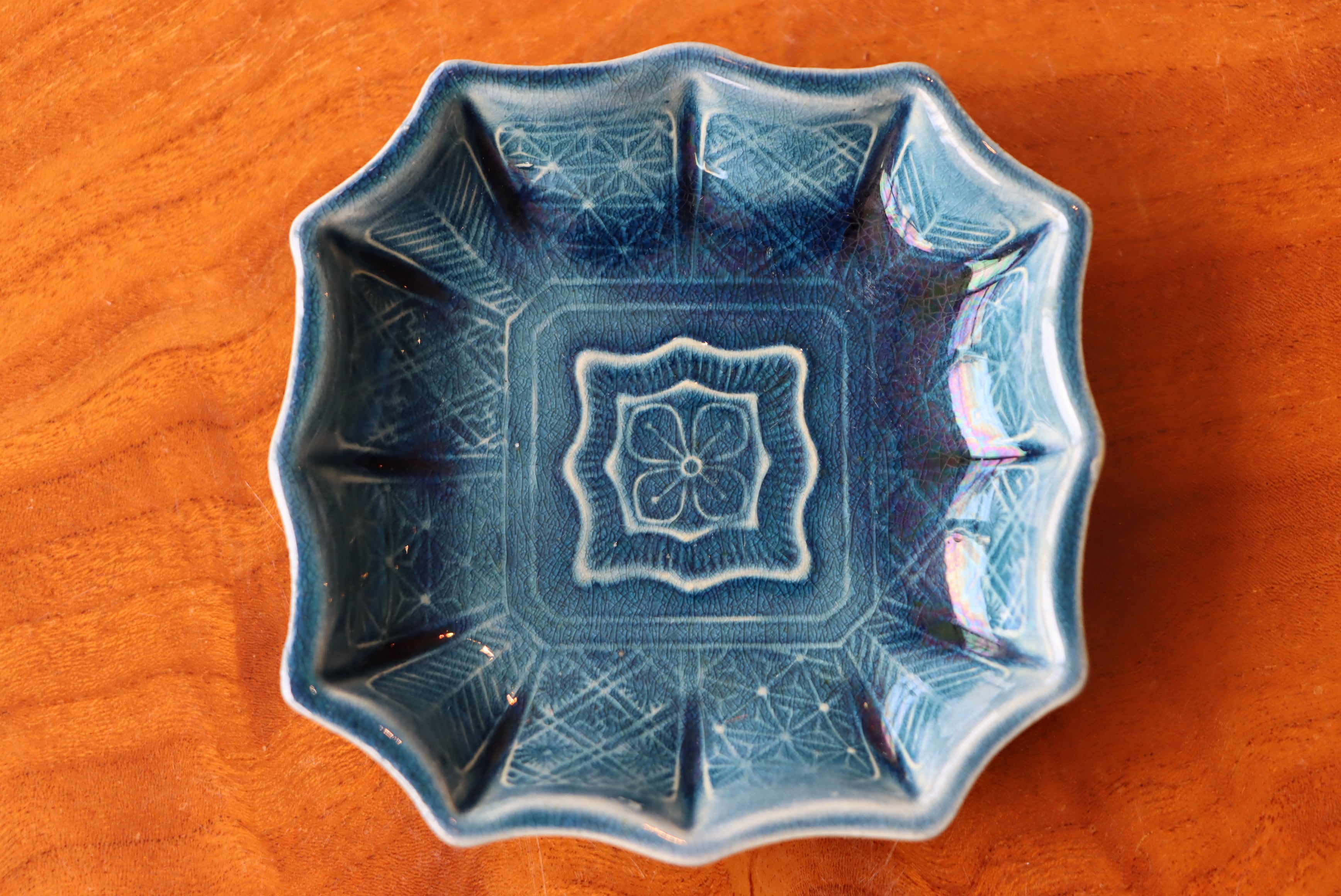 稀少 珉平焼 青釉 花文 違い菱形 小皿 豆皿 変形皿 5客セット