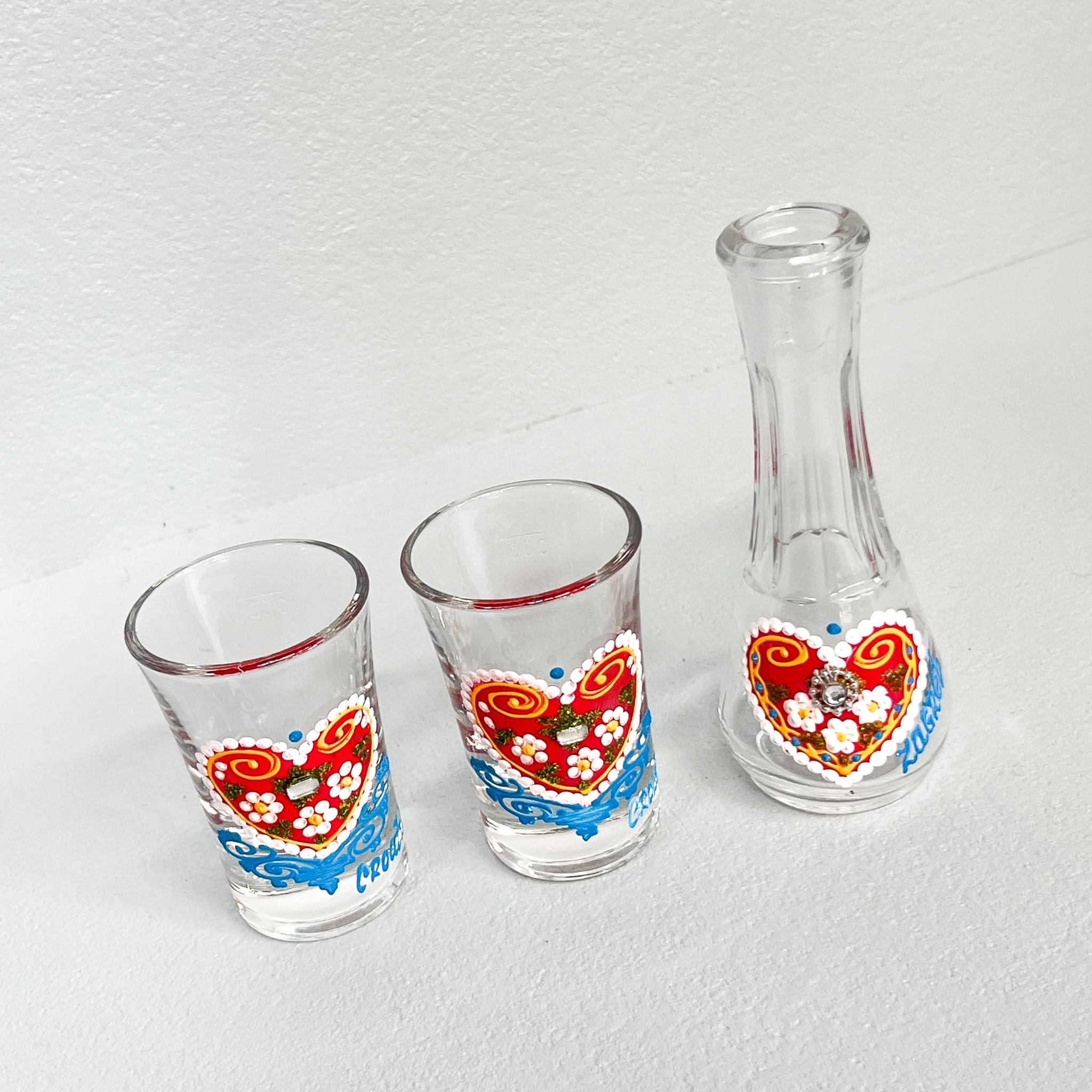 クロアチア製 ショットグラス ＆ ミニデキャンタ セット | 手織り