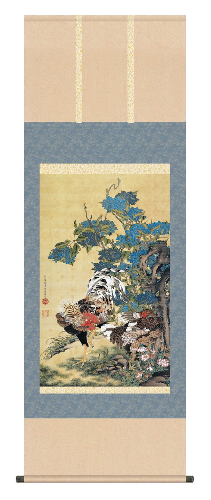 旧蔵書画【徐悲鴻款 花鳥図】花開富貴・大吉鶏図 証書付き 中堂掛軸 旧