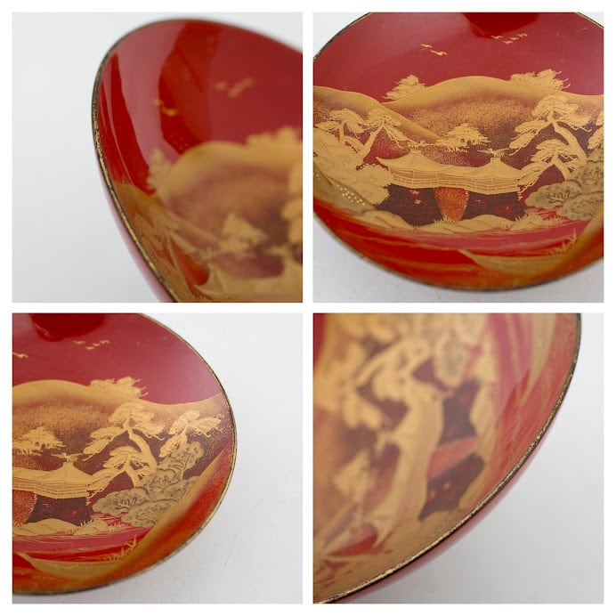 時代木製漆器 松に霞図 朱塗引き盃 二十九客 金蒔絵 小皿 木皿 MA350