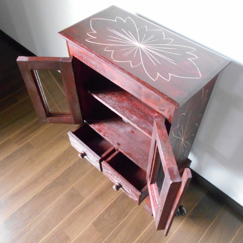アジアン家具 バリ家具 花柄模様 猫足 キャビネット 収納家具 完成品
