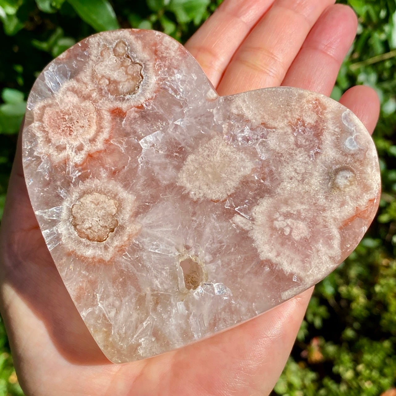 340g/スタンド付♡】フラワーアゲートx ピンクアメジストのハート