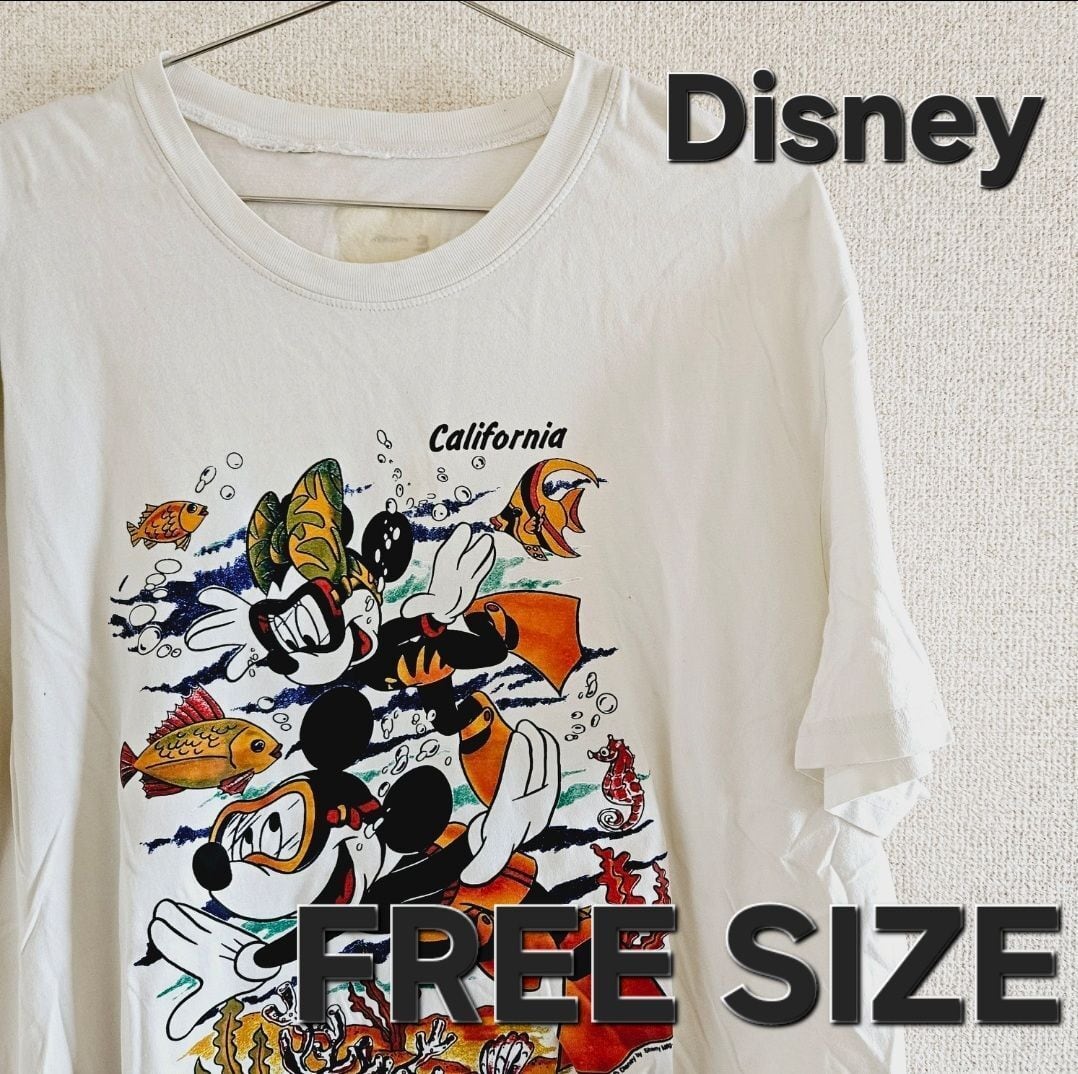 古着】ディズニー 白Tシャツ フリーサイズ ダイビング魚ミニー