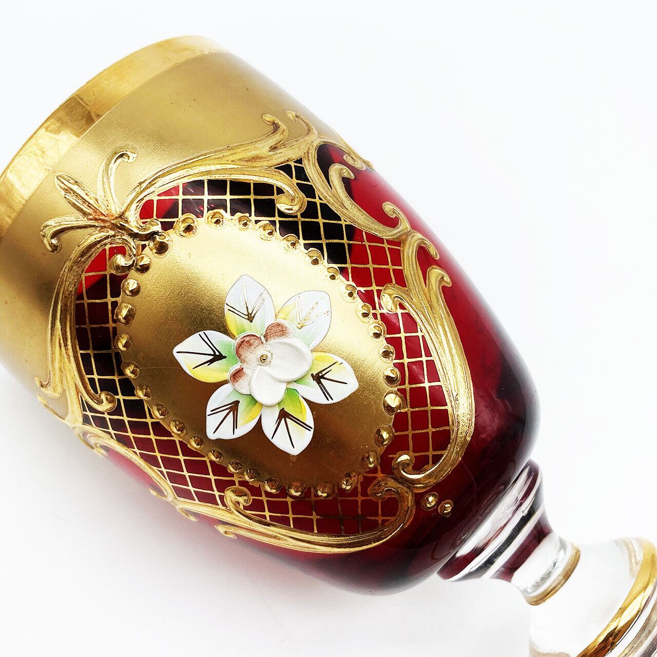 ベネチアングラス ムラノ イタリア ワイングラス レッド 金彩 花紋