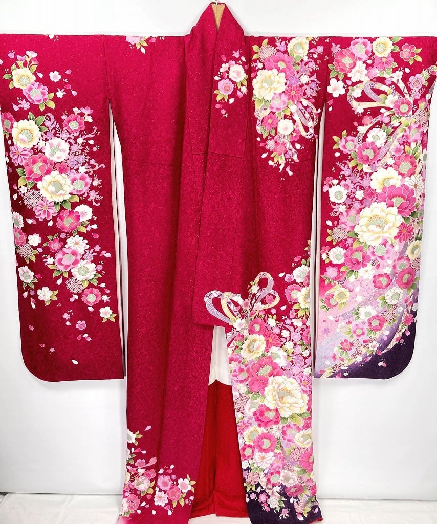 正絹 振袖+袋帯セット 京紅型 大輪万寿菊 丹後ちりめん