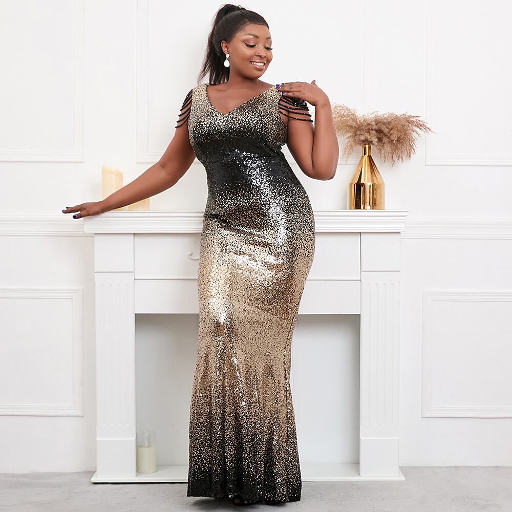 プラスサイズの女性青赤スパンコールビーズイブニングドレス V ネック