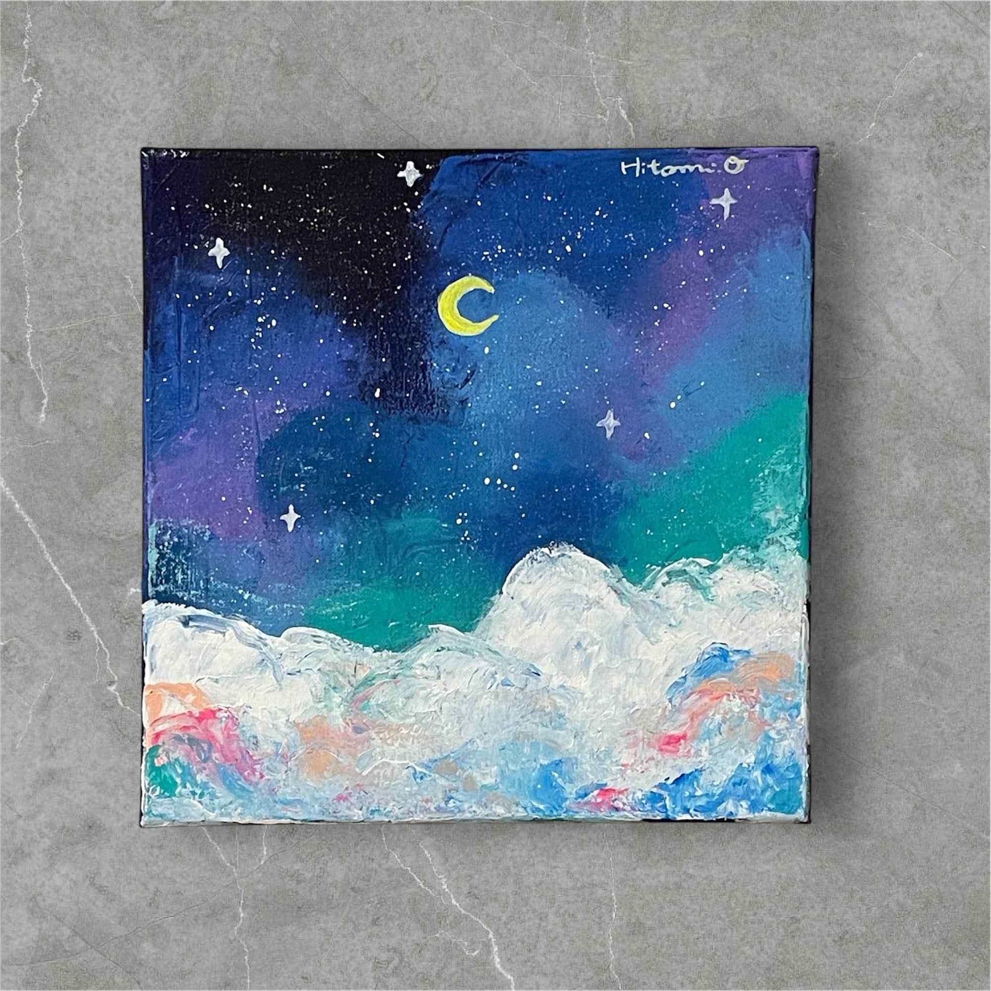 絵画 835 油絵/抽象画風/斑紋/S4号 青と緑の抽象油彩画 絵画