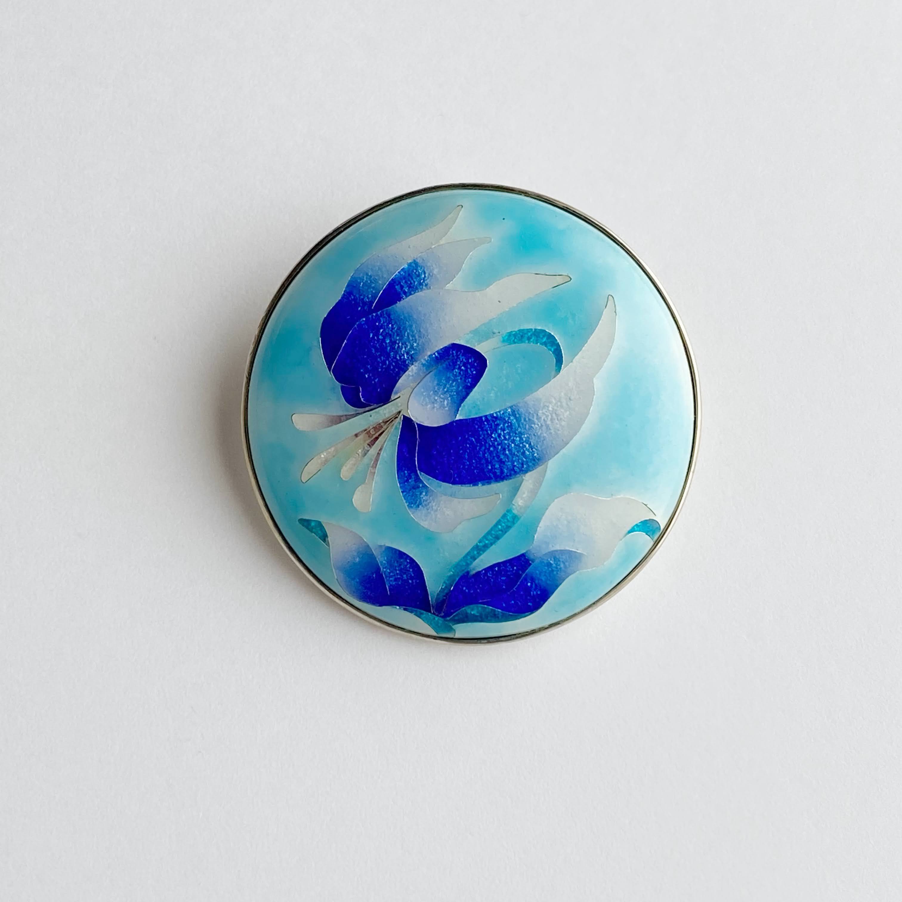 中国七宝 ターコイズ ブルーエナメルフラワーブローチ兼ペンダント